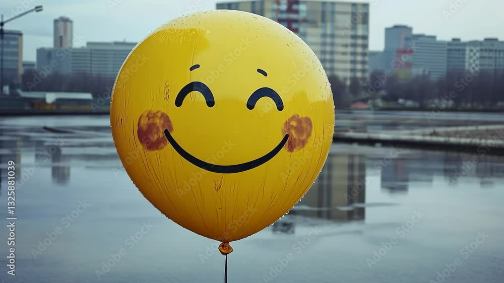 Poster yellow balloon with a smiley face on it. the balloon is floating in the air and is surrounded by a c