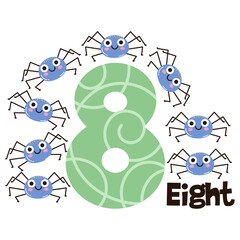 Vector image of the numbers eight and eight cute spiders. Math for kids