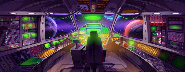 Spaceship cockpit interior - futuristic control panels, neon glowing displays, colorful buttons, switches and levers. Pilot seats front view inside spacecraft cabin. Science fiction starship bridge. © klyaksun