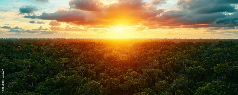 Poster a breathtaking sunset over a dense forest, with vibrant colors illuminating the clouds and trees, cr