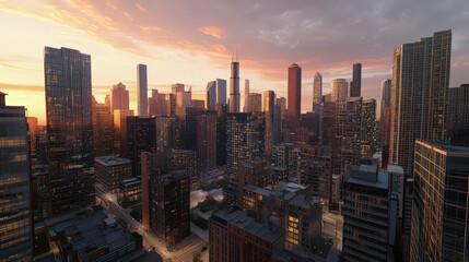 Obraz premium Aerial cityscape view of Chicago skyline at sunset, with illuminated modern skyscrapers and buildings.