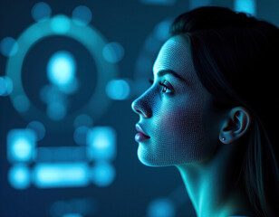 Woman looking at hologram displaying faces in modern interface