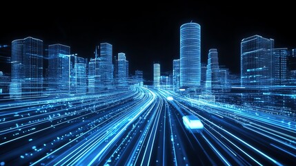 Futuristic City Skyline with Digital Car Traffic Light Trails at Night