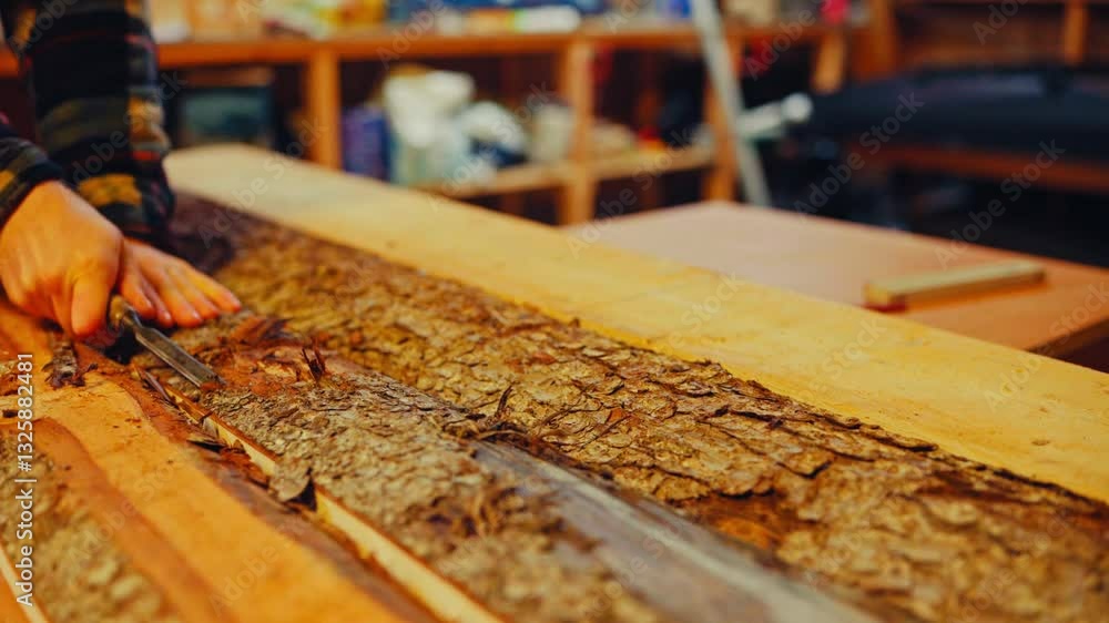 Poster woodworker scraping wood bark with chisel. static shot