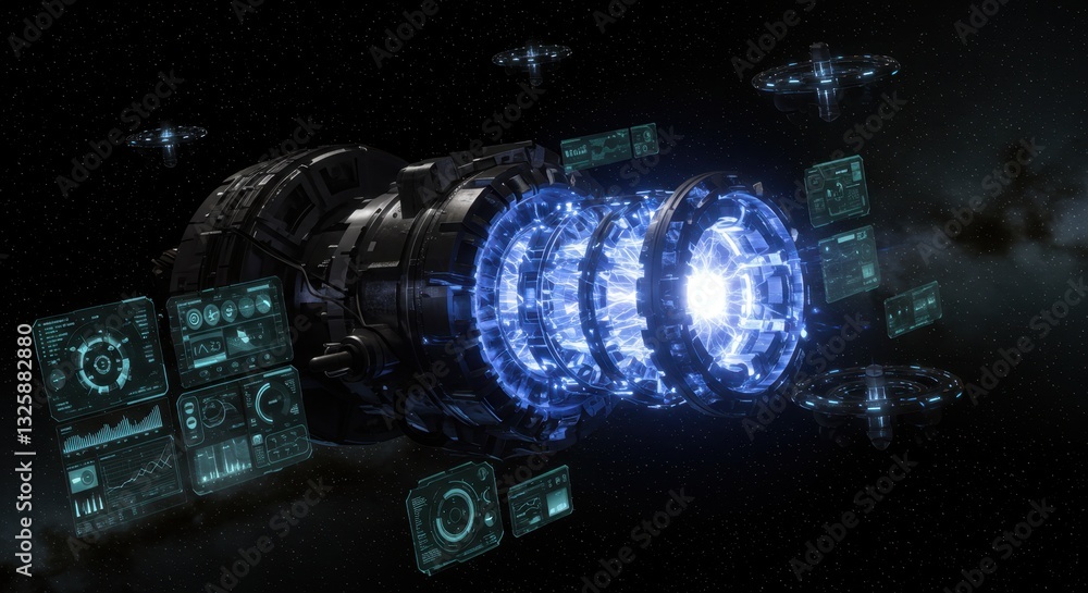 Poster futuristic spaceship engine core hyperdrive activation sequence in deep space