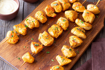 Grilled chicken skewers. Kebab. Picnic. Barbecue. Fried meat.