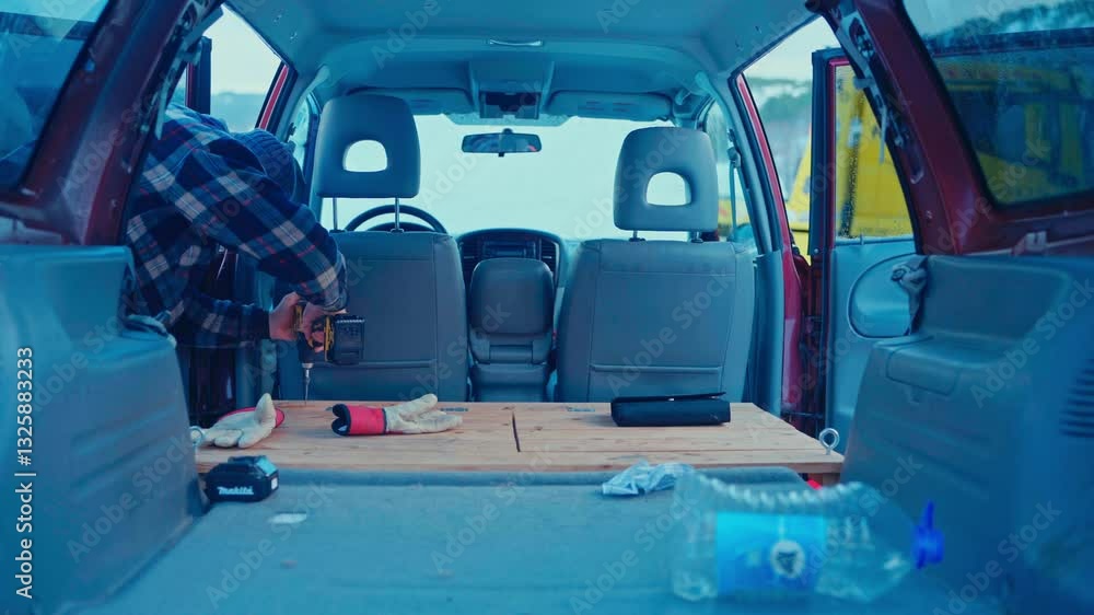 Aufkleber a person is working inside a red van, using a power drill to secure a wooden platform in the back - 