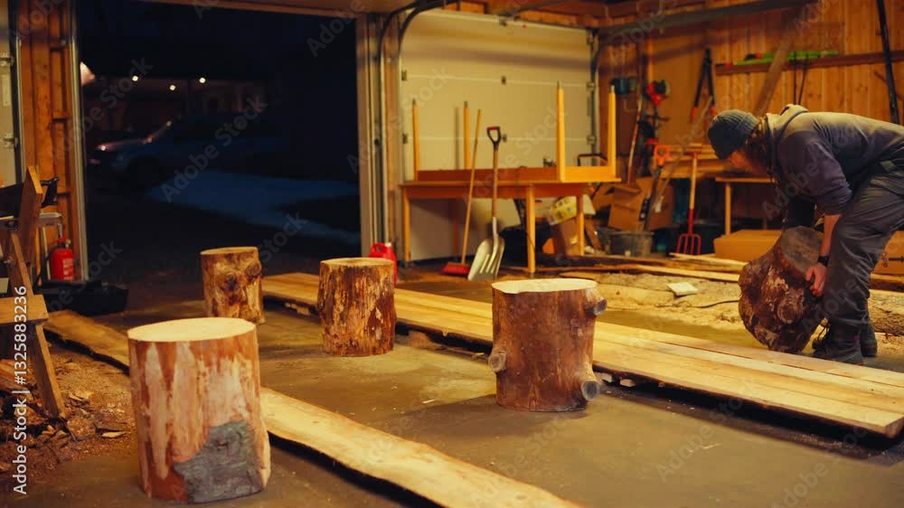 Poster a man arranges logs in a warmly lit workshop, with tools and planks around - static shot