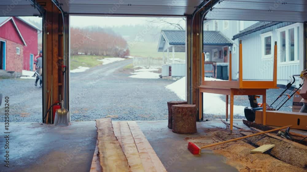 Poster a man is pushing a wheelbarrow loaded with logs into a workshop - static shot