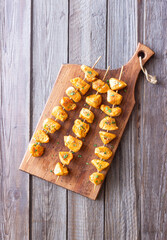 Grilled chicken skewers. Kebab. Picnic. Barbecue. Fried meat.