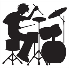 Drummer With Drums Silhouette, musician instrument design, Rock musician vector, drum set on music concert stage Musician artist performance
