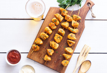 Grilled chicken skewers. Kebab. Picnic. Barbecue. Fried meat.