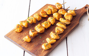 Grilled chicken skewers. Kebab. Picnic. Barbecue. Fried meat.