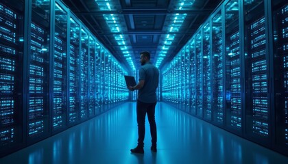 A person inspecting or working on servers in a data center with blue lighting, highlighting technology and data management.
