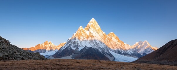 Fototapeta premium Majestic mountain peak bathed in golden light, surrounded by rugged terrain and a clear blue sky, showcasing nature's grandeur and beauty.