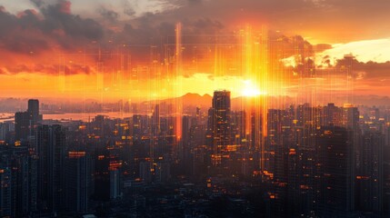 Obraz premium Dramatic sunset over a futuristic city skyline with glowing energy beams.