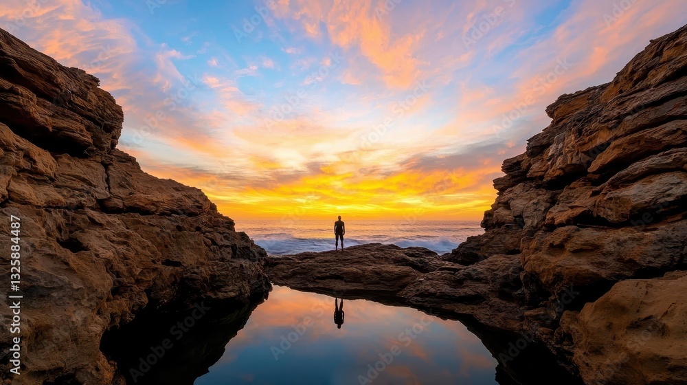 Aufkleber a serene sunset view with a silhouette against a reflective pool, bordered by rocky formations and v