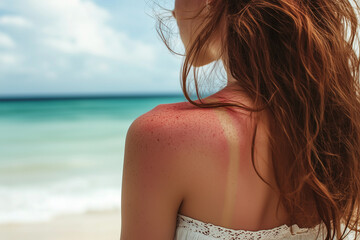 A woman with sunburn on her back and shoulders