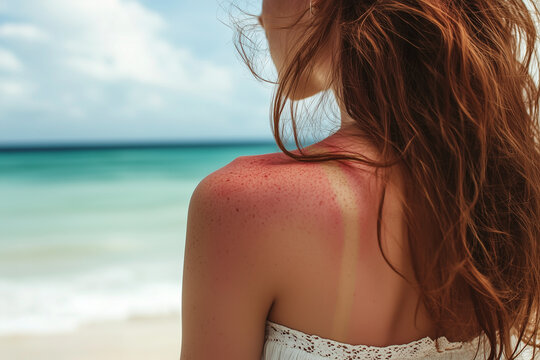 A woman with sunburn on her back and shoulders