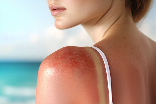 A woman with sunburn on her back and shoulders