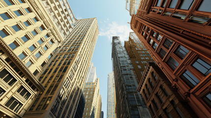 Obraz premium Looking up at towering skyscrapers in a city. Sunlight filters through the urban canyons, showcasing a mix of modern and historic architecture.