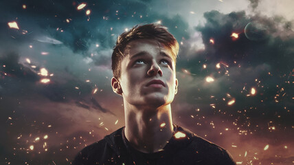 Fototapeta premium Abstract Artwork with Blurred Person and Glowing Particles technology concept 