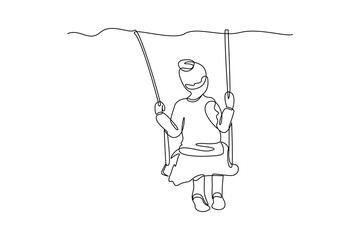 Cute kids playing swing facing at playground. Preschool children running, play games, catch up, have fun, learn nature, read book on walk. Summer activities outdoor. Flat vector illustration