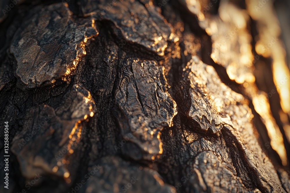 Poster detailed close-up of textured tree bark illuminated by warm light, showcasing its natural patterns a