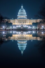 Fototapeta premium The Capitol building at night with bright lights reflecting on the water and a dark blue sky.