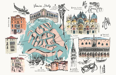 Hand drawn Venice architecture collage with map. Colored landmark line drawing of Italy ancient city.