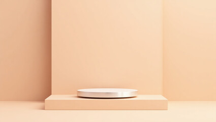 A minimalist product display platform in beige tones. A round, silver platform rests atop a square base, perfect for showcasing items.

