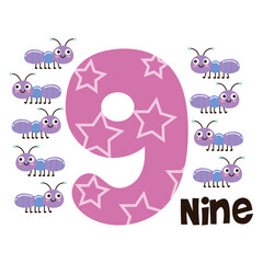 Vector image of the numbers nine and nine cute ants. Math for kids