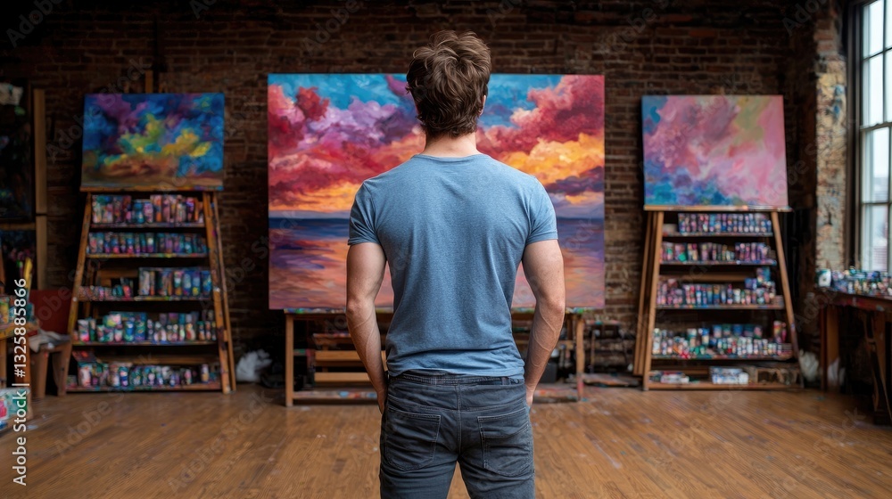 Poster artistic reflection painter in studio with vibrant canvases creative environment introspective viewp
