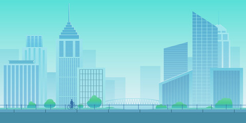 Modern city skyline with contemporary skyscrapers office buildings glass facades green park trees bridge and cyclist urban landscape background illustration