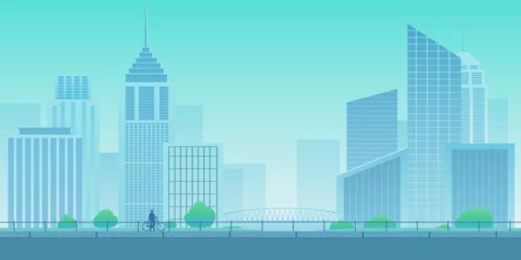 Fotobehang Zeegroen Modern city skyline with contemporary skyscrapers office buildings glass facades green park trees bridge and cyclist urban landscape background illustration  © gleolite