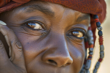 Obraz premium Close-Up Portrait of Native African Shaman with Tribal Face Paint and Feathered Headdress, Generative AI