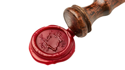 Wooden stamp making red wax seal on transparent background