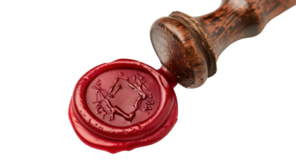 Wooden stamp making red wax seal on transparent background