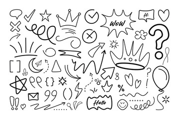 Collection of Hand Drawn Doodle Elements, Arrows, Hearts, Stars, Crowns, Doodle Illustration, and Speech Bubbles