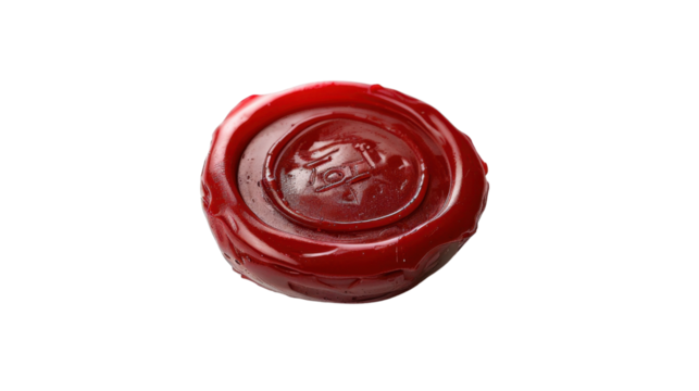 Red wax seal with symbol on transparent background guaranteeing authenticity