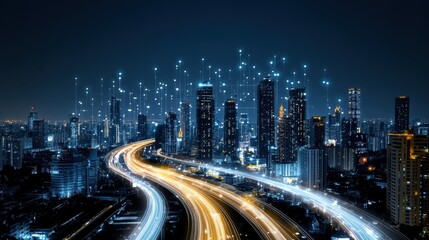 Obraz premium Nighttime Cityscape with Light Trails and Digital Connectivity Overhead in Urban Environment