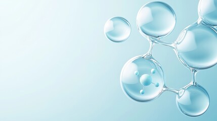 Clear, shimmering water bubbles float against a soft blue background, creating a serene and refreshing atmosphere.