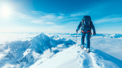 Triumph Peak: Mountaineer's Journey above the clouds, a print design for travel, adventure, or aspirational motivation.