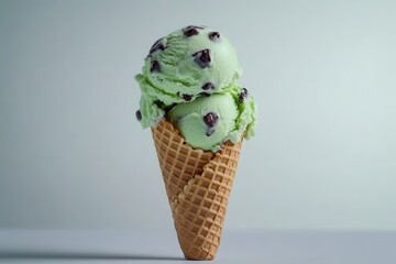 Mint Chocolate Chip Ice Cream in Waffle Cone against a Soft Gray Background