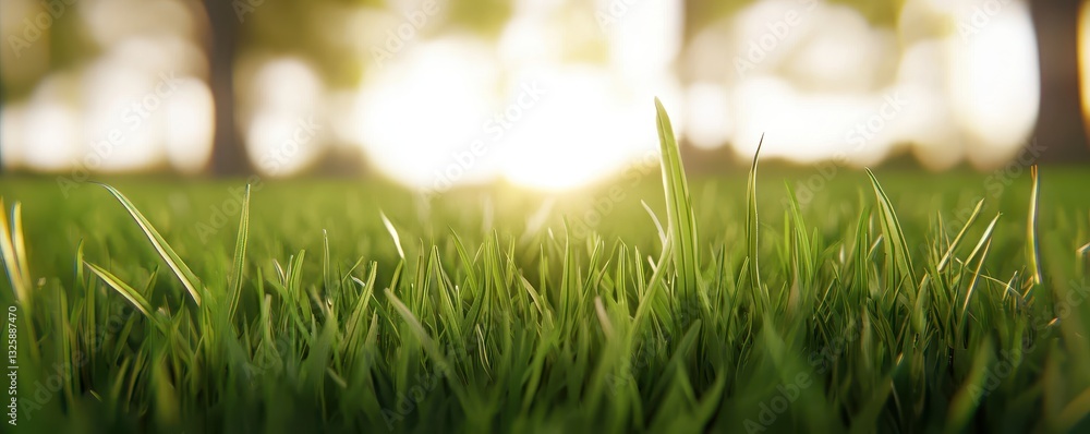 Poster A close-up view of lush green grass illuminated by soft sunlight, creating a serene and vibrant natural atmosphere.