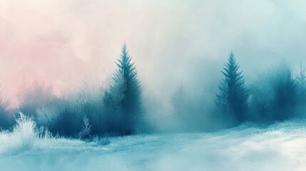 Fototapeta premium Dreamlike misty forest scene with two tall pine trees, soft pastel colors, and a serene atmosphere.