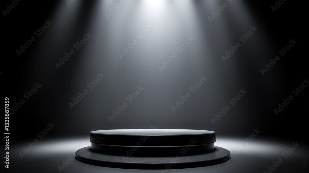 Poster empty black podium in minimalistic setting, circular platform with dramatic spotlight, modern dark s