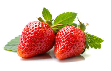 Ripe fresh strawberries with green leaves isolated on white background close-up red sweet natural organic fruit