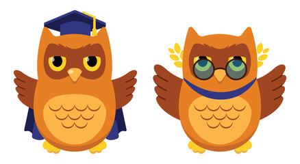 Cartoon cute owl as a symbol of wisdom and knowledge. Children's illustration of an owl wearing glasses and a graduation cap. Owl as a symbol of reward for success in studies or children's competition