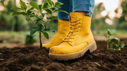 A close-up of yellow boots stepping on soil, securing a young tree sapling in the ground during a sunny day in nature